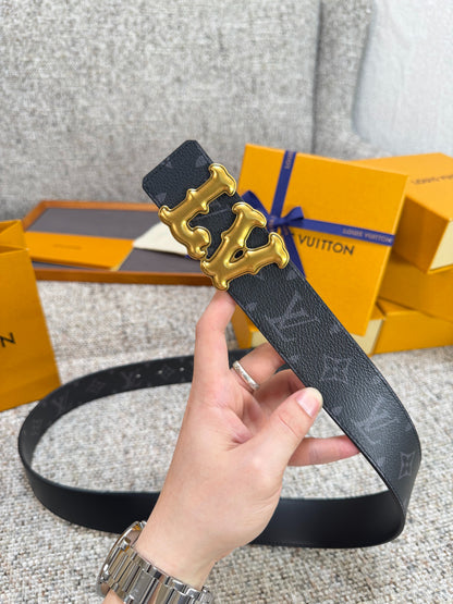 Black Monogram Graffiti LV Buckle Men Belt Silver Metal Logo Fashion Dress Belt