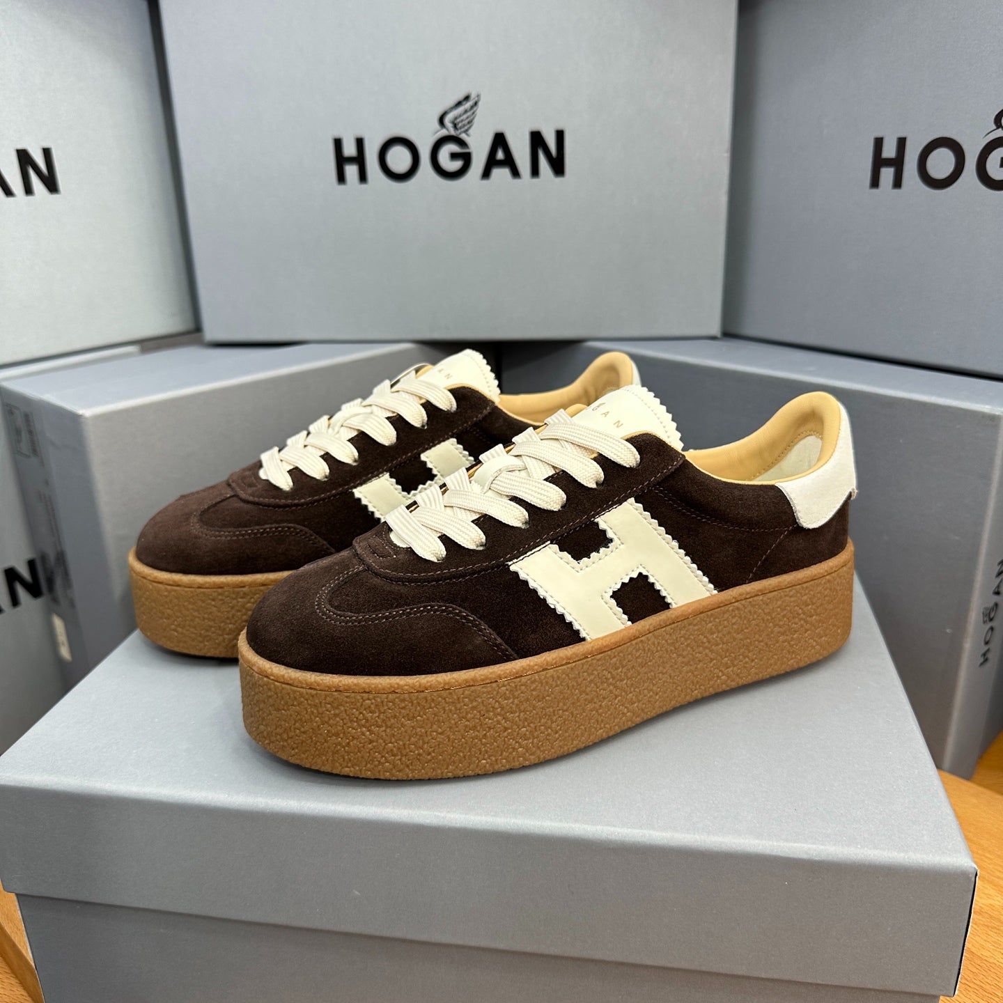 HOGAN Dark Brown Suede White H Logo Thick Gum Platform Casual Sneakers