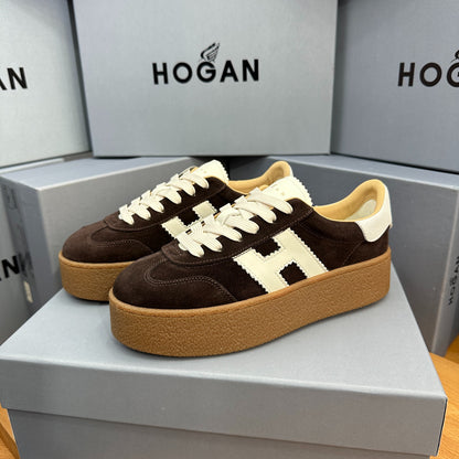 HOGAN Dark Brown Suede White H Logo Thick Gum Platform Casual Sneakers