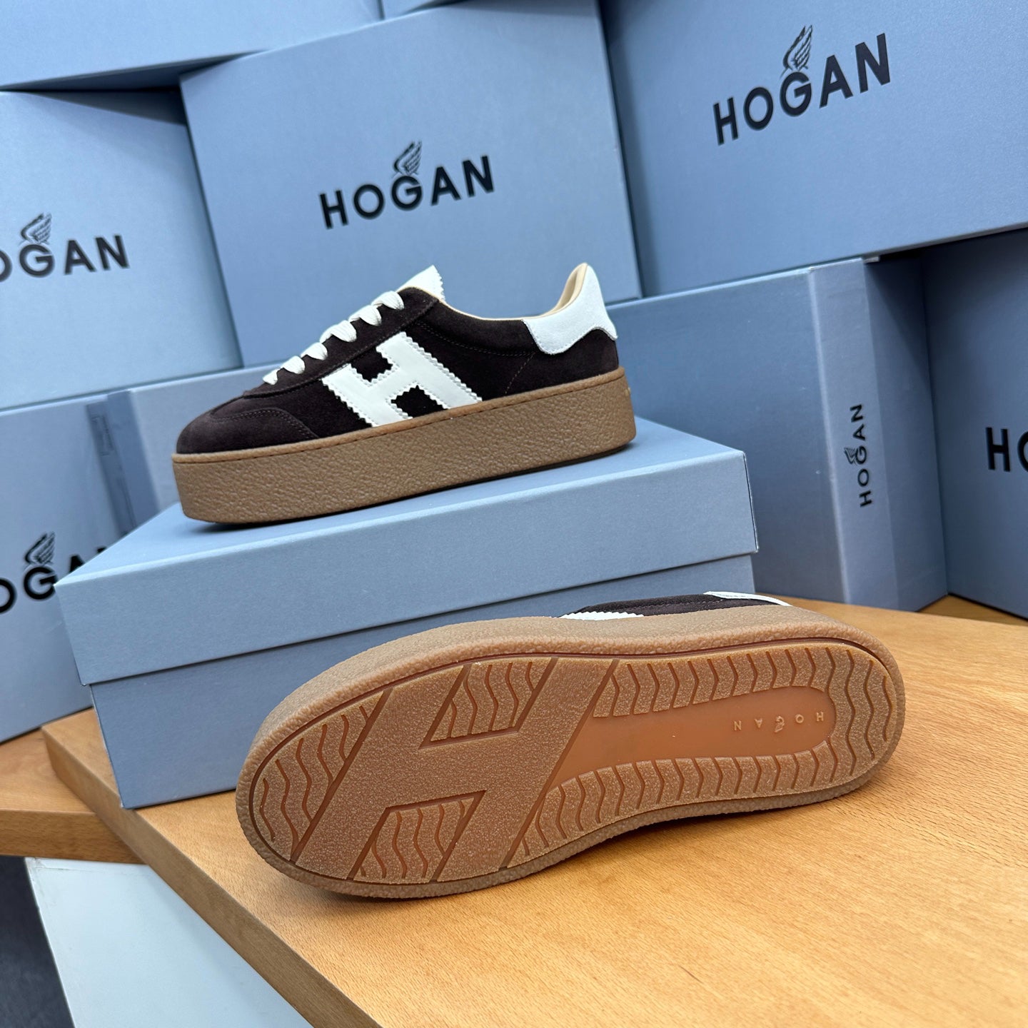 HOGAN Dark Brown Suede White H Logo Thick Gum Platform Casual Sneakers