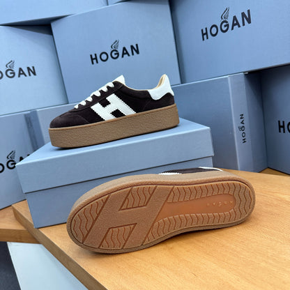HOGAN Dark Brown Suede White H Logo Thick Gum Platform Casual Sneakers