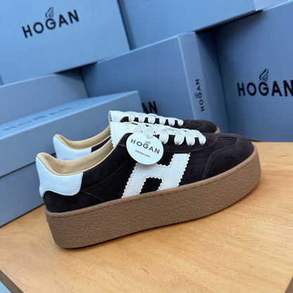 HOGAN Dark Brown Suede White H Logo Thick Gum Platform Casual Sneakers