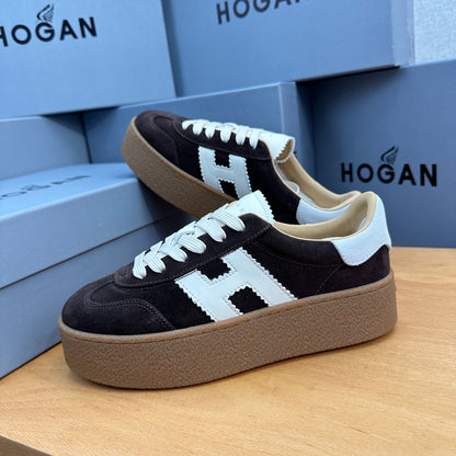 HOGAN Dark Brown Suede White H Logo Thick Gum Platform Casual Sneakers