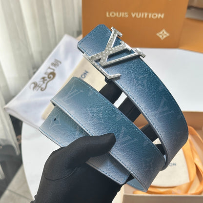 Gradient Blue Monogram Leather Men Belt Silver Engraved Logo Buckle Casual Dress Belt