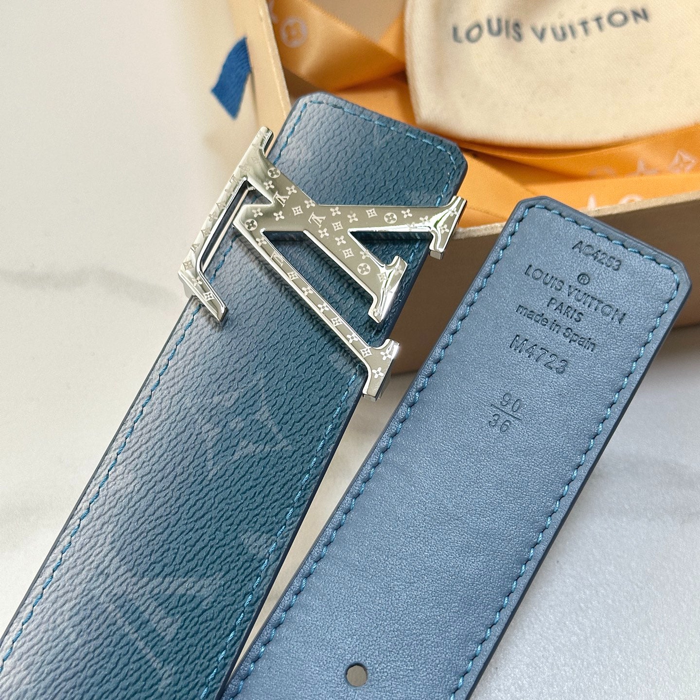 Gradient Blue Monogram Leather Men Belt Silver Engraved Logo Buckle Casual Dress Belt