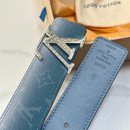 Gradient Blue Monogram Leather Men Belt Silver Engraved Logo Buckle Casual Dress Belt