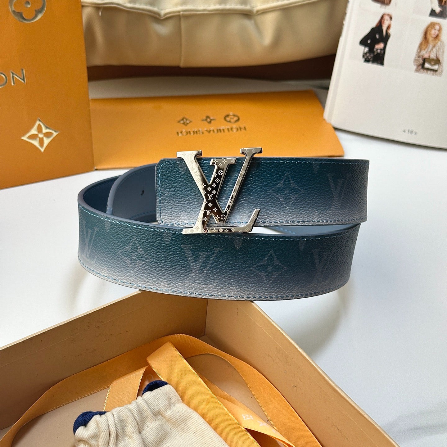 Gradient Blue Monogram Leather Men Belt Silver Engraved Logo Buckle Casual Dress Belt