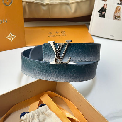 Gradient Blue Monogram Leather Men Belt Silver Engraved Logo Buckle Casual Dress Belt