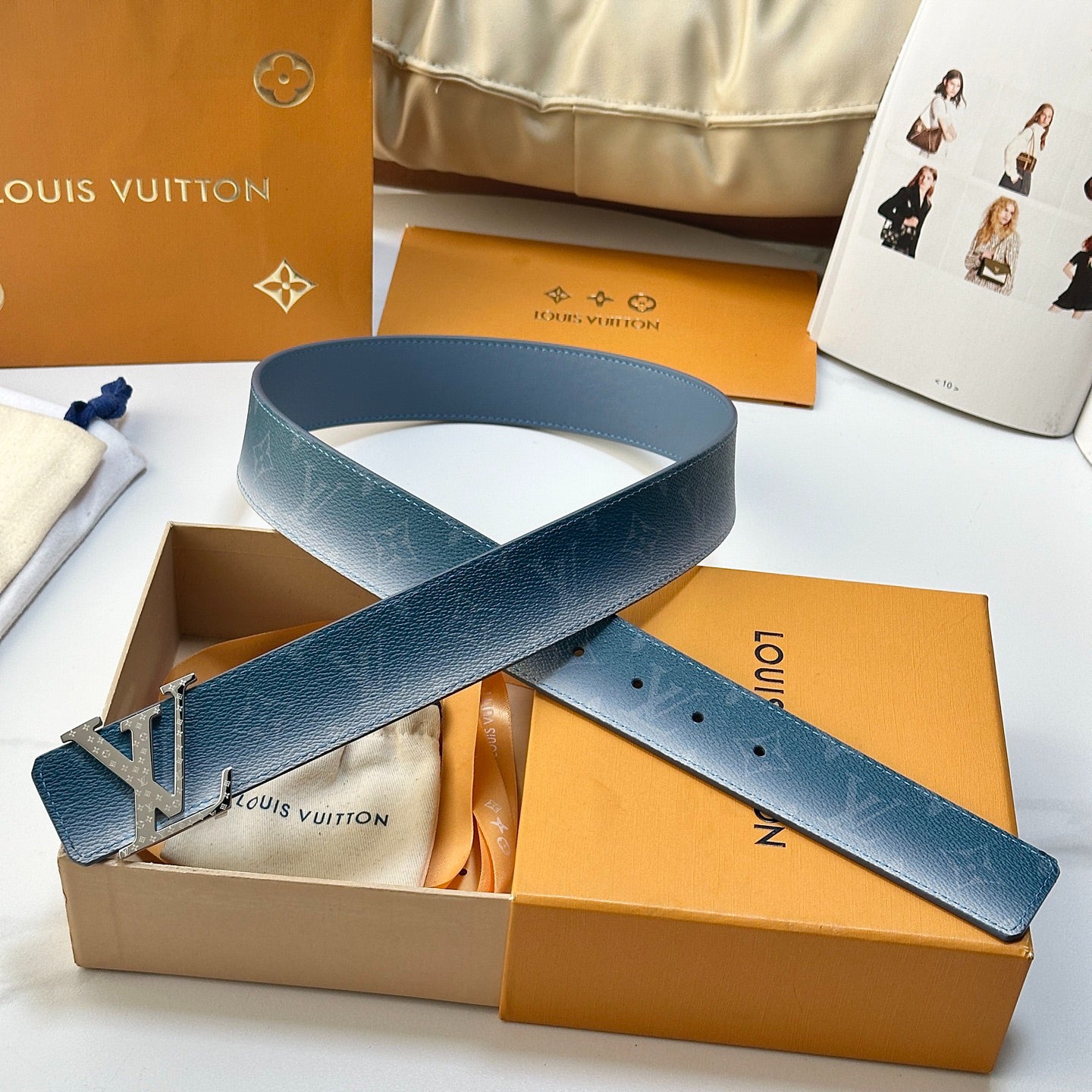 Gradient Blue Monogram Leather Men Belt Silver Engraved Logo Buckle Casual Dress Belt