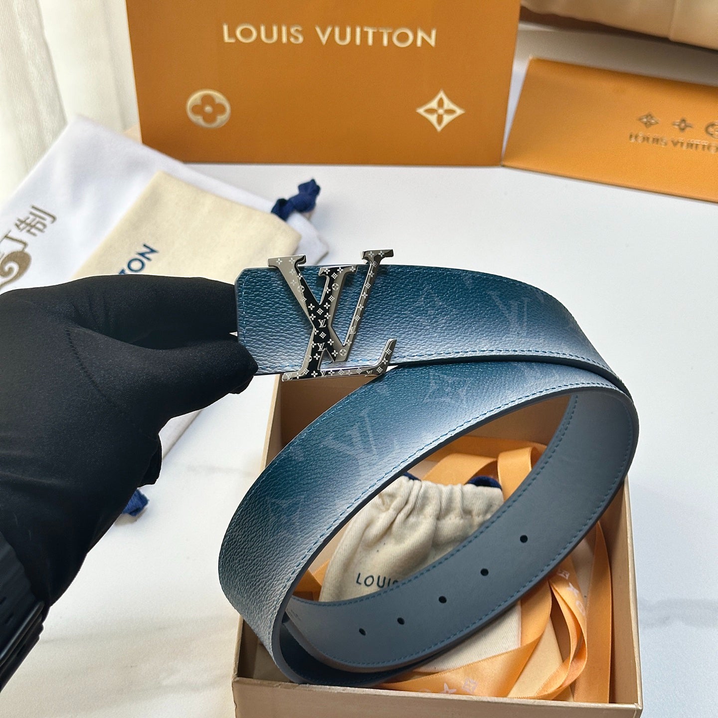 Gradient Blue Monogram Leather Men Belt Silver Engraved Logo Buckle Casual Dress Belt