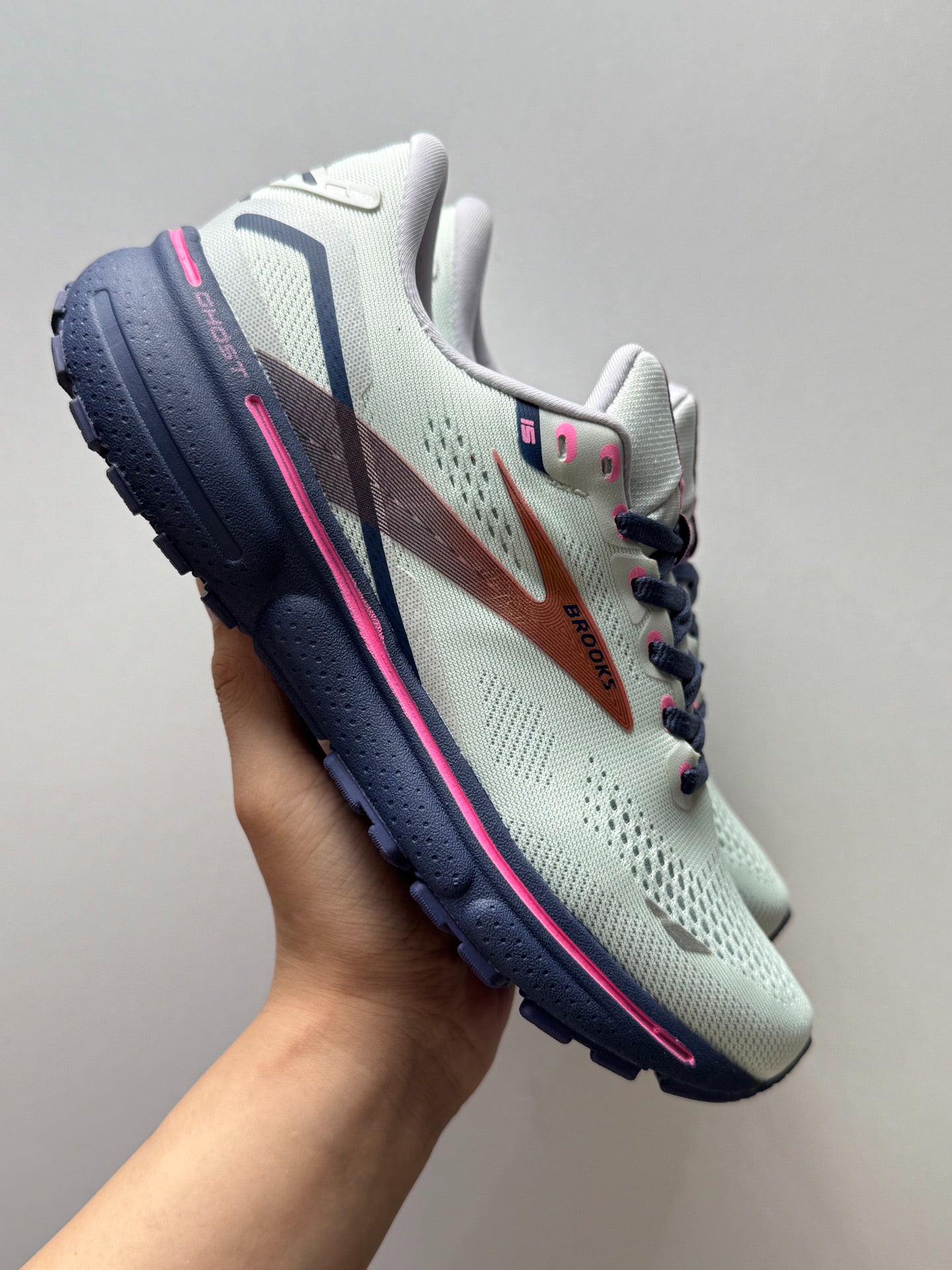 Brooks Women's Ghost 15 Neutral Road Running Shoes (Oyster/Indigo/Pink)