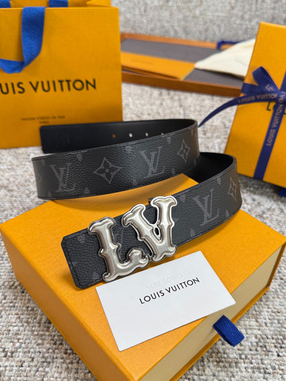 Black Monogram Graffiti LV Buckle Men Belt Silver Metal Logo Fashion Dress Belt