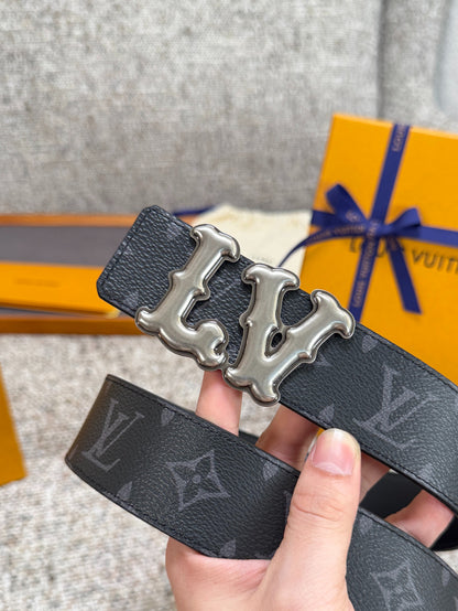 Black Monogram Graffiti LV Buckle Men Belt Silver Metal Logo Fashion Dress Belt