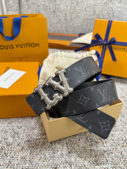 Black Monogram Graffiti LV Buckle Men Belt Silver Metal Logo Fashion Dress Belt