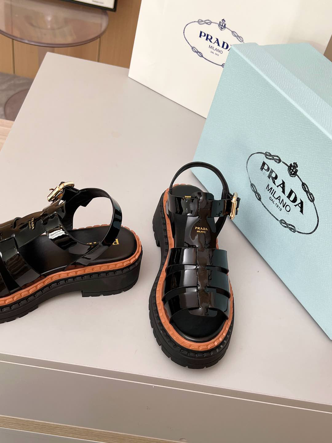 Prada Patent Leather Fisherman Sandals Women, Black Caged Woven Platform Lug Sole Ankle Strap Buckle Roman Sandals