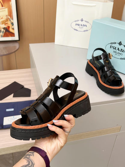 Prada Patent Leather Fisherman Sandals Women, Black Caged Woven Platform Lug Sole Ankle Strap Buckle Roman Sandals