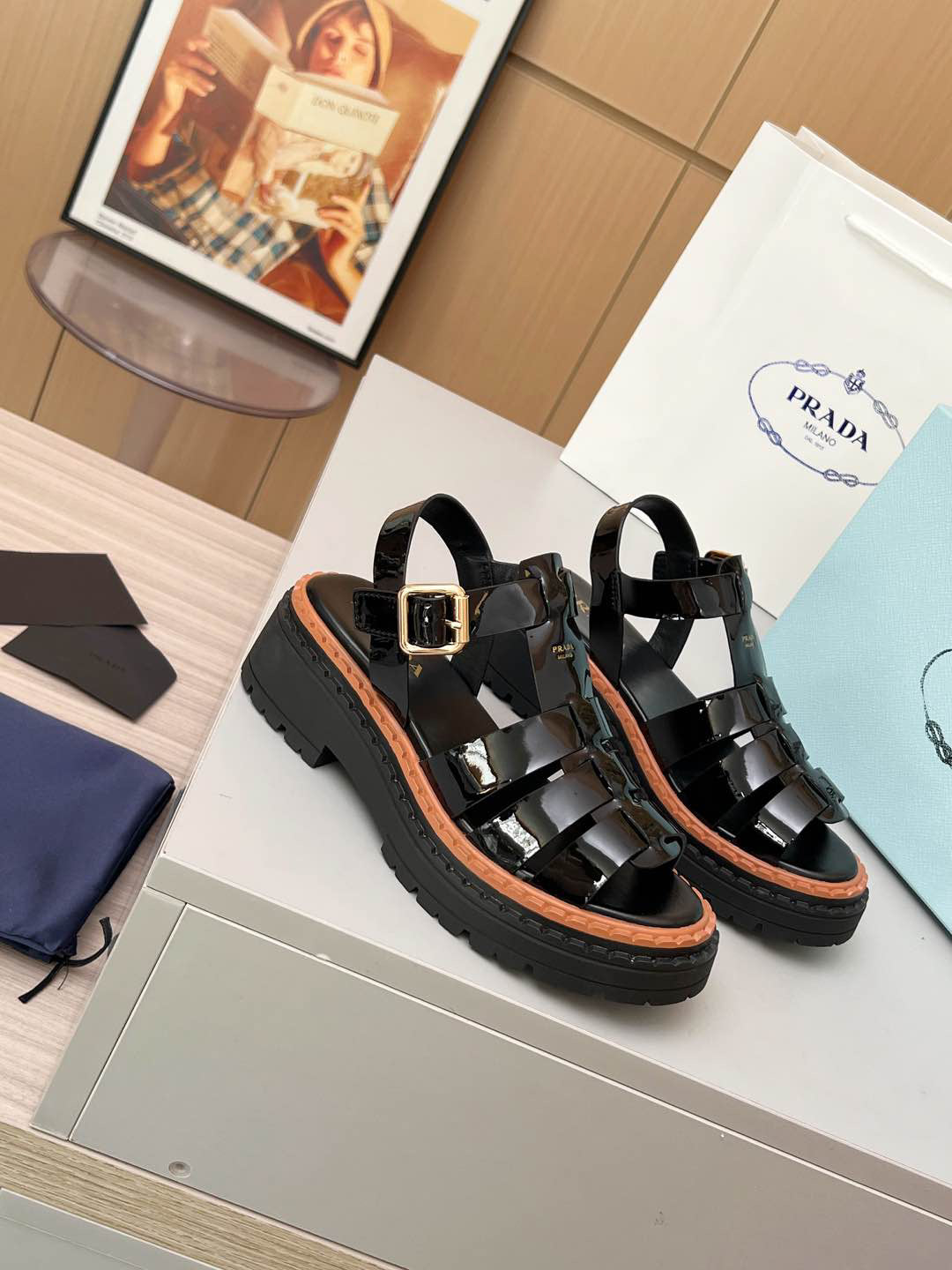 Prada Patent Leather Fisherman Sandals Women, Black Caged Woven Platform Lug Sole Ankle Strap Buckle Roman Sandals