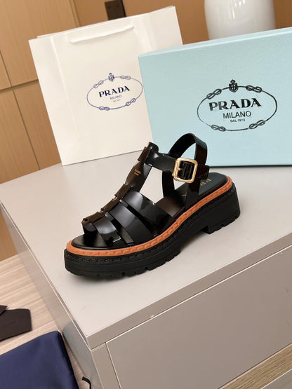 Prada Patent Leather Fisherman Sandals Women, Black Caged Woven Platform Lug Sole Ankle Strap Buckle Roman Sandals