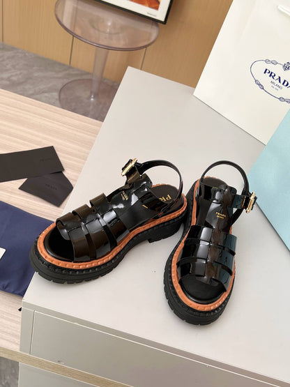 Prada Patent Leather Fisherman Sandals Women, Black Caged Woven Platform Lug Sole Ankle Strap Buckle Roman Sandals