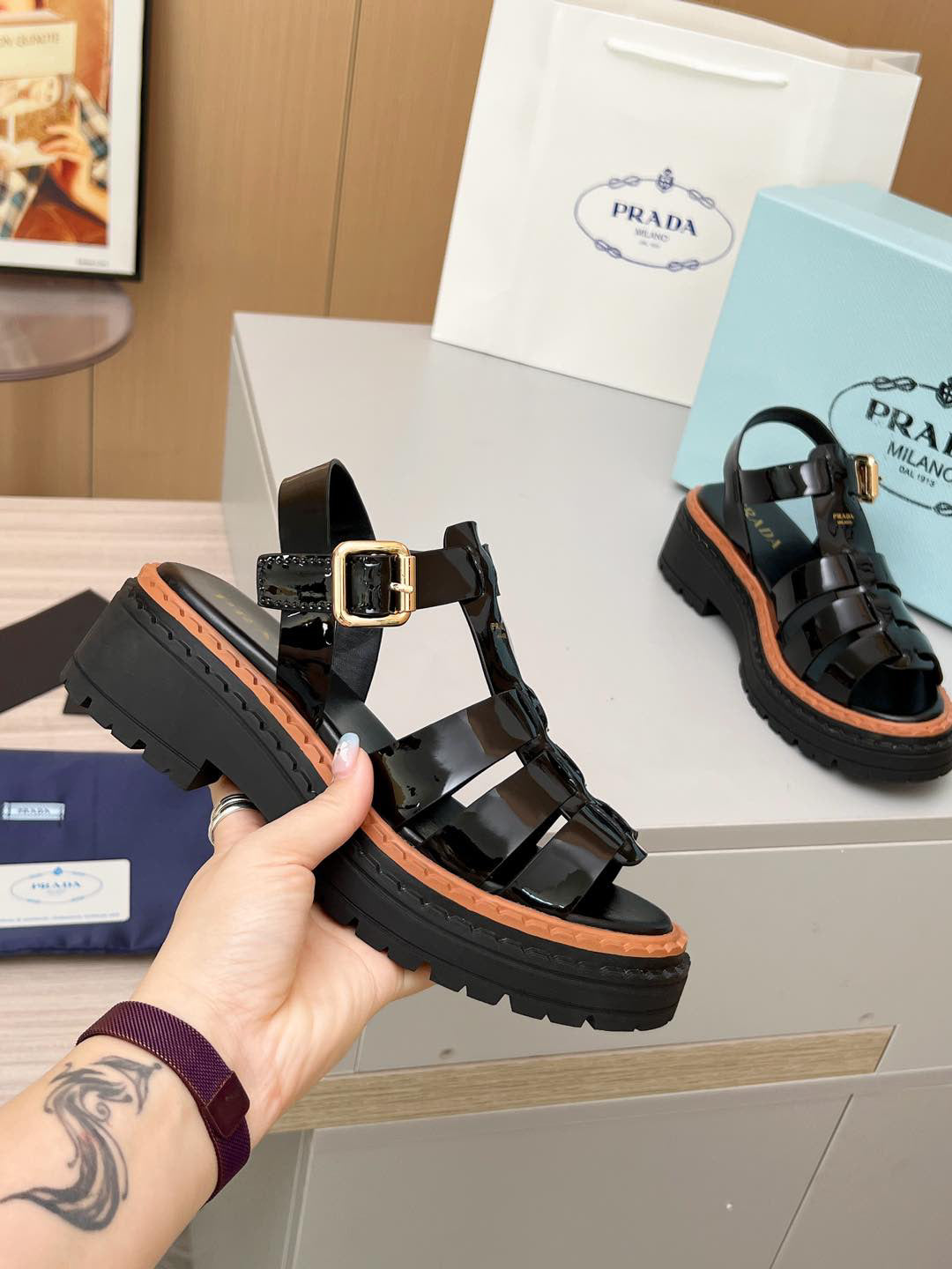 Prada Patent Leather Fisherman Sandals Women, Black Caged Woven Platform Lug Sole Ankle Strap Buckle Roman Sandals