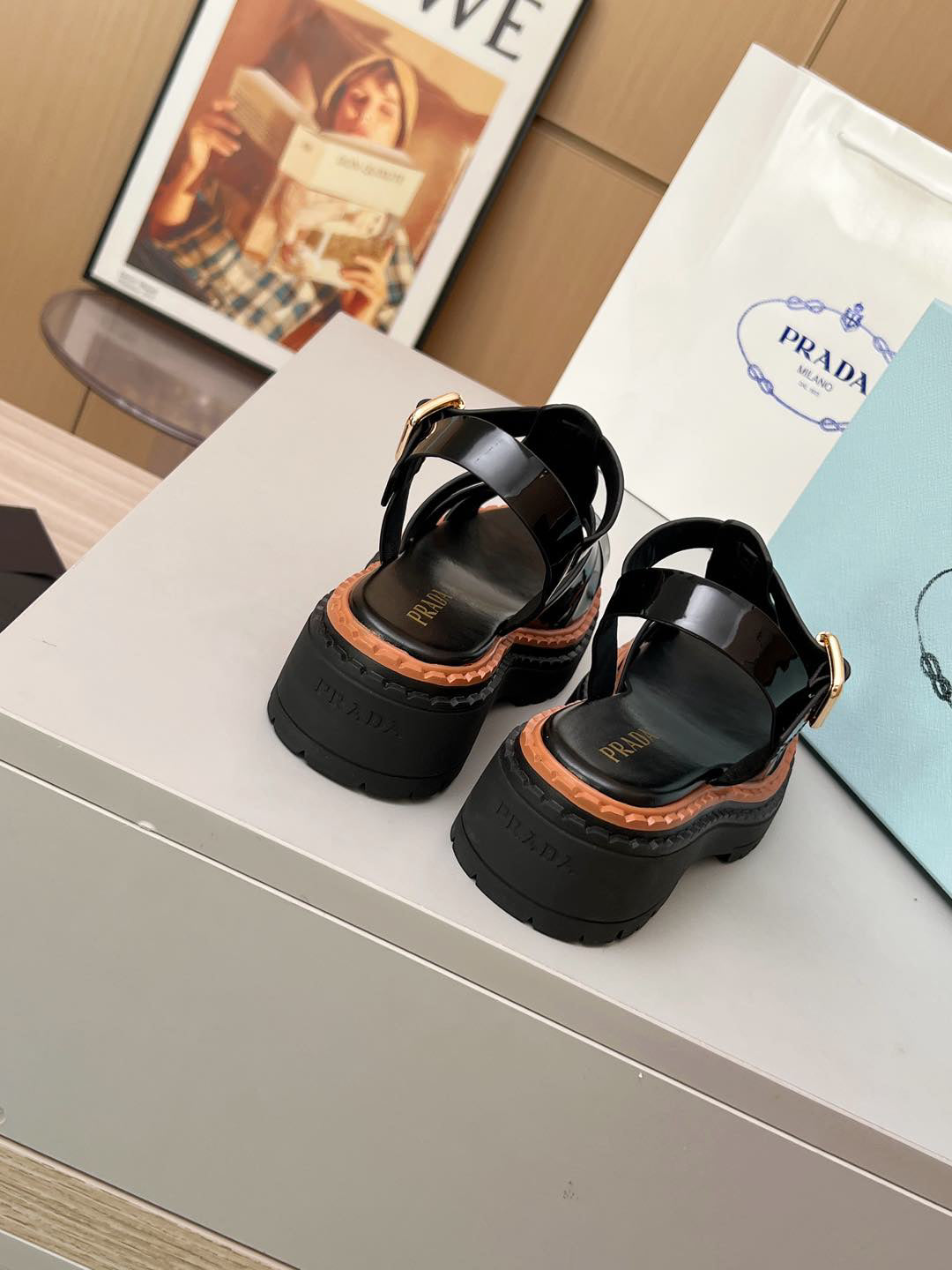 Prada Patent Leather Fisherman Sandals Women, Black Caged Woven Platform Lug Sole Ankle Strap Buckle Roman Sandals