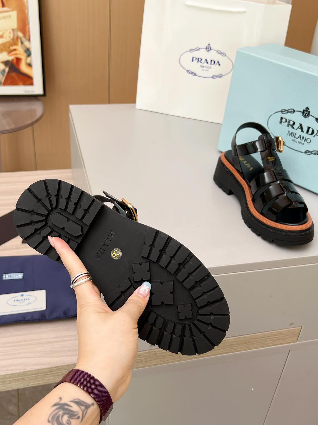 Prada Patent Leather Fisherman Sandals Women, Black Caged Woven Platform Lug Sole Ankle Strap Buckle Roman Sandals