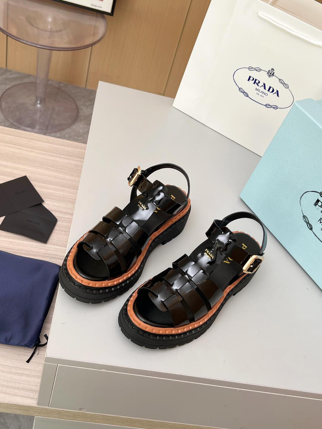 Prada Patent Leather Fisherman Sandals Women, Black Caged Woven Platform Lug Sole Ankle Strap Buckle Roman Sandals