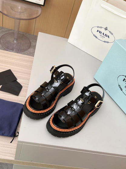 Prada Patent Leather Fisherman Sandals Women, Black Caged Woven Platform Lug Sole Ankle Strap Buckle Roman Sandals