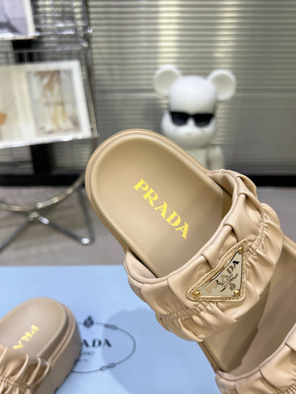Women Beige Ruched Two Band Platform Slides Triangle Gold Logo Slip On Casual Summer Sandals