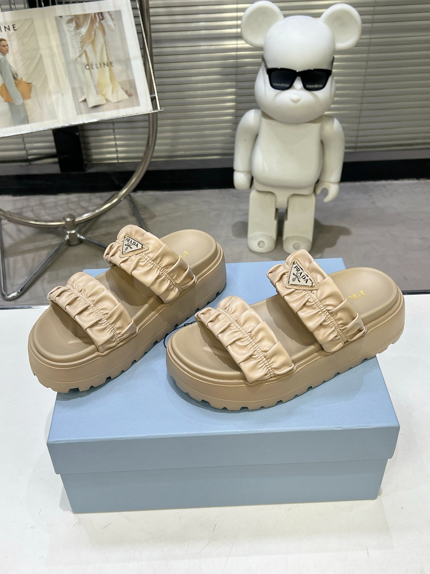 Women Beige Ruched Two Band Platform Slides Triangle Gold Logo Slip On Casual Summer Sandals
