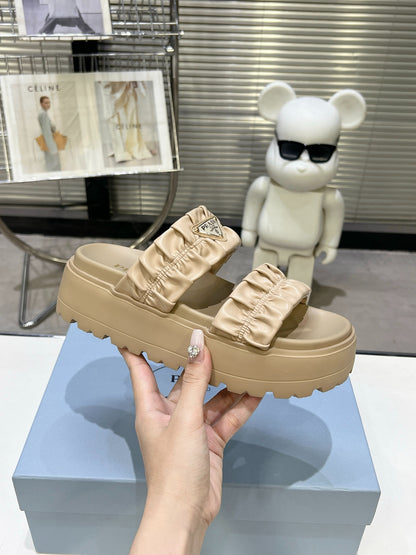 Women Beige Ruched Two Band Platform Slides Triangle Gold Logo Slip On Casual Summer Sandals