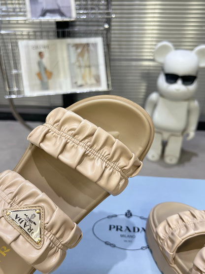 Women Beige Ruched Two Band Platform Slides Triangle Gold Logo Slip On Casual Summer Sandals