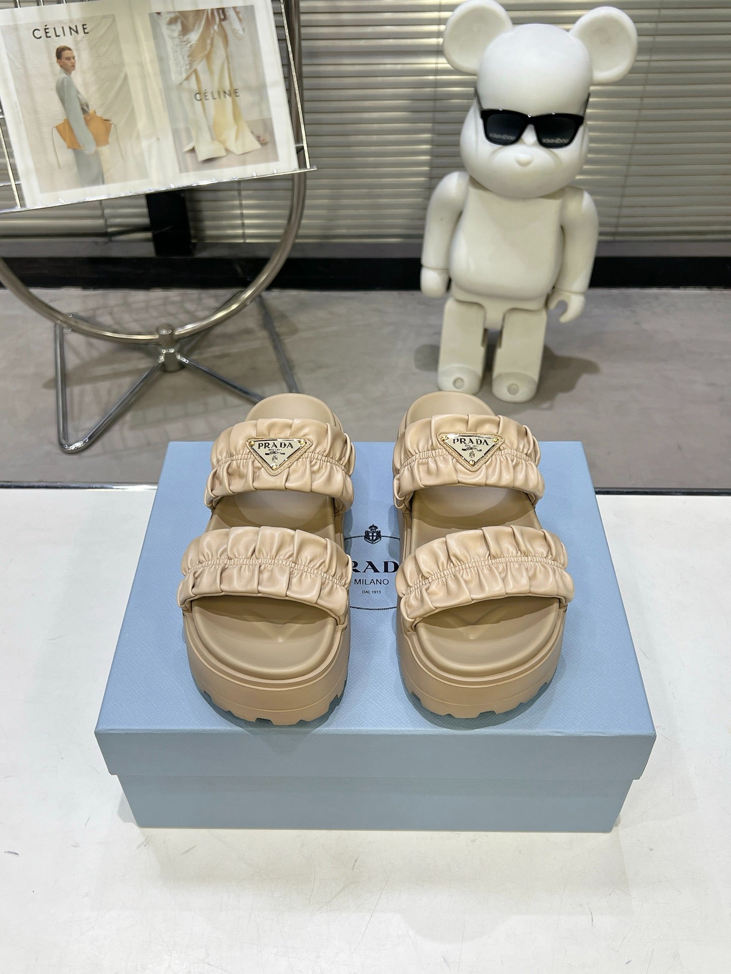Women Beige Ruched Two Band Platform Slides Triangle Gold Logo Slip On Casual Summer Sandals