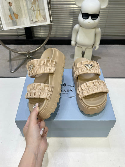 Women Beige Ruched Two Band Platform Slides Triangle Gold Logo Slip On Casual Summer Sandals