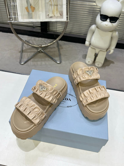 Women Beige Ruched Two Band Platform Slides Triangle Gold Logo Slip On Casual Summer Sandals