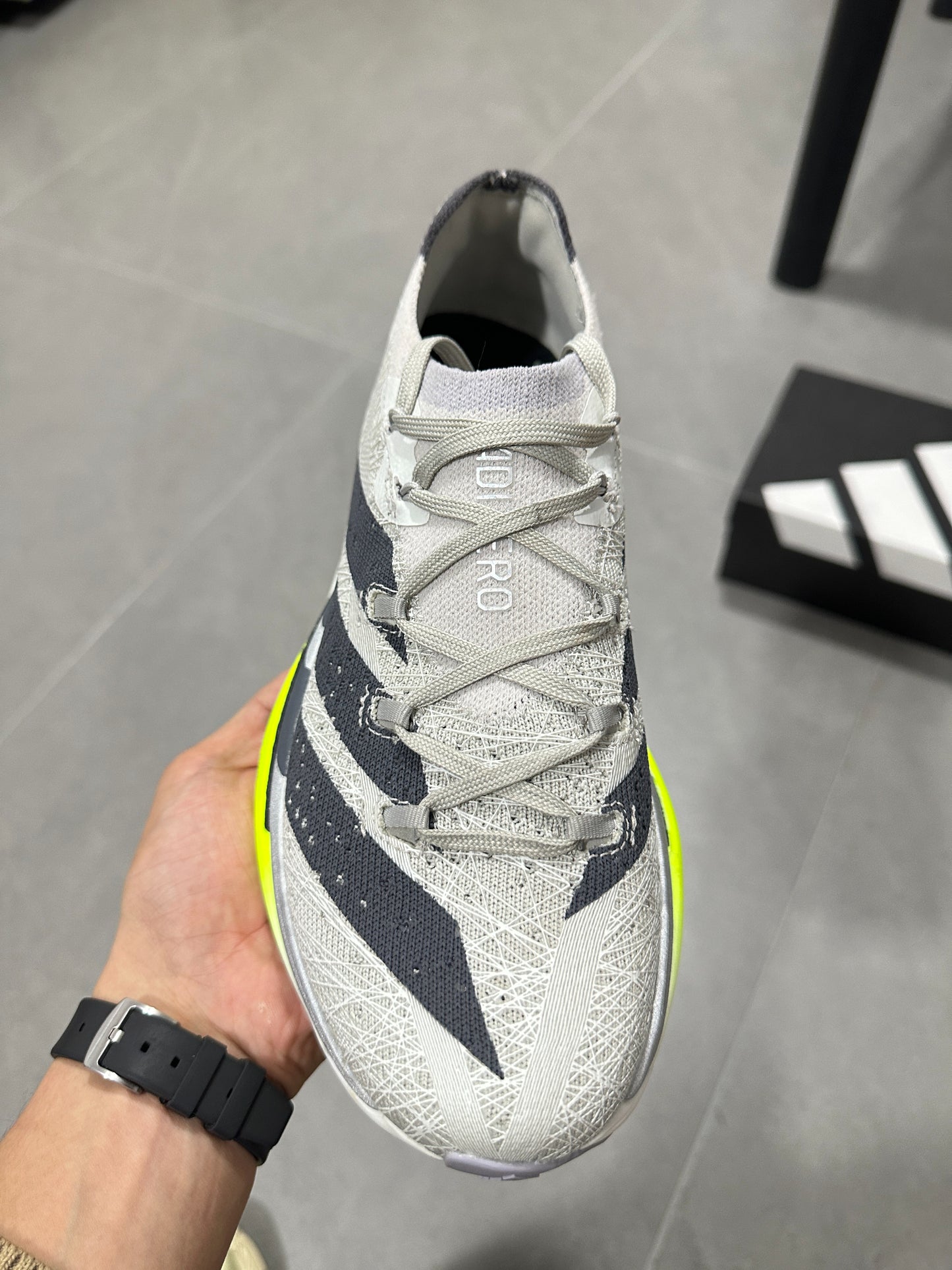 Adidas ADIZERO ADIOS PRO 4 (Grey / Black / Volt colorway)