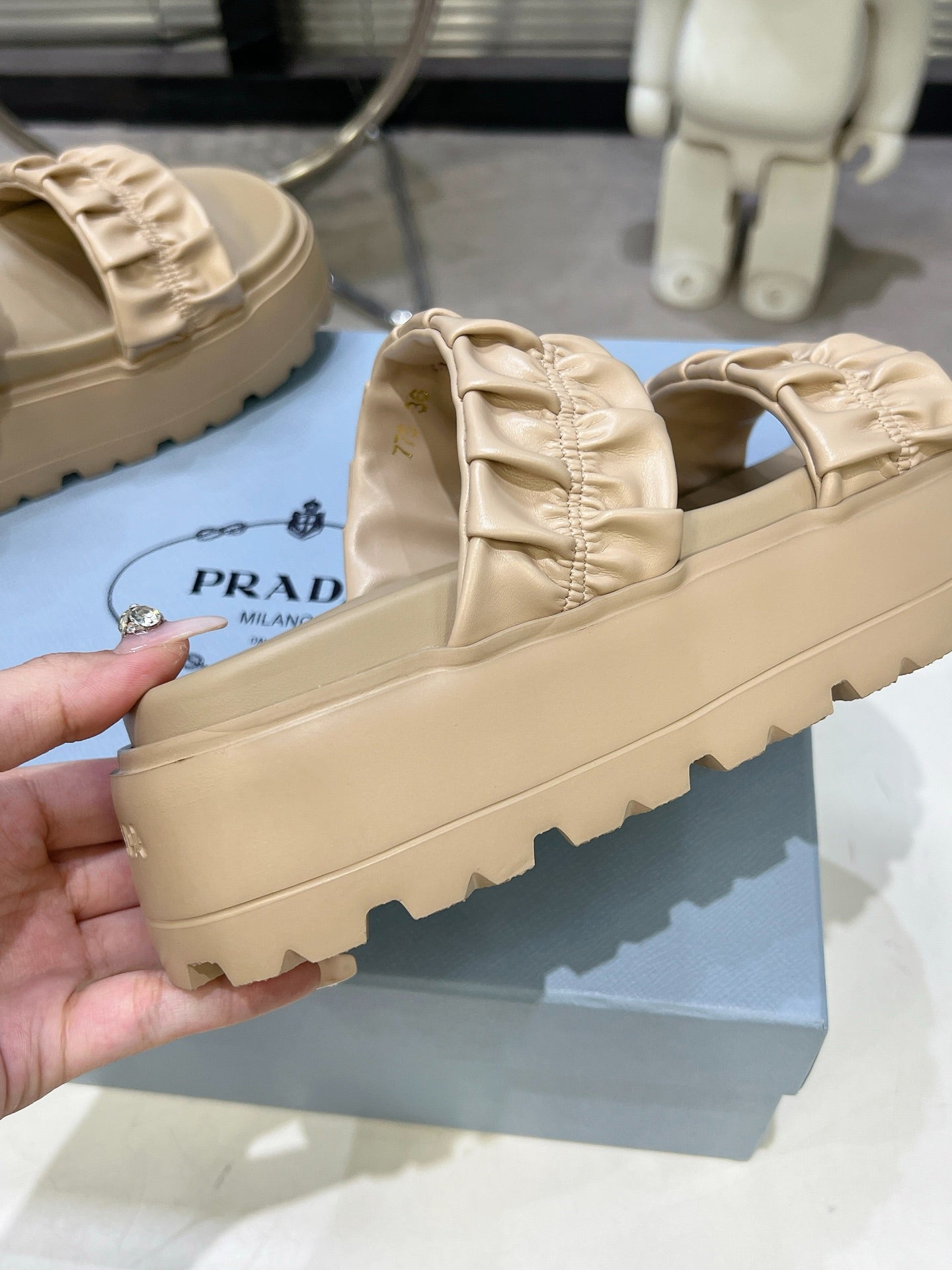 Women Beige Ruched Two Band Platform Slides Triangle Gold Logo Slip On Casual Summer Sandals