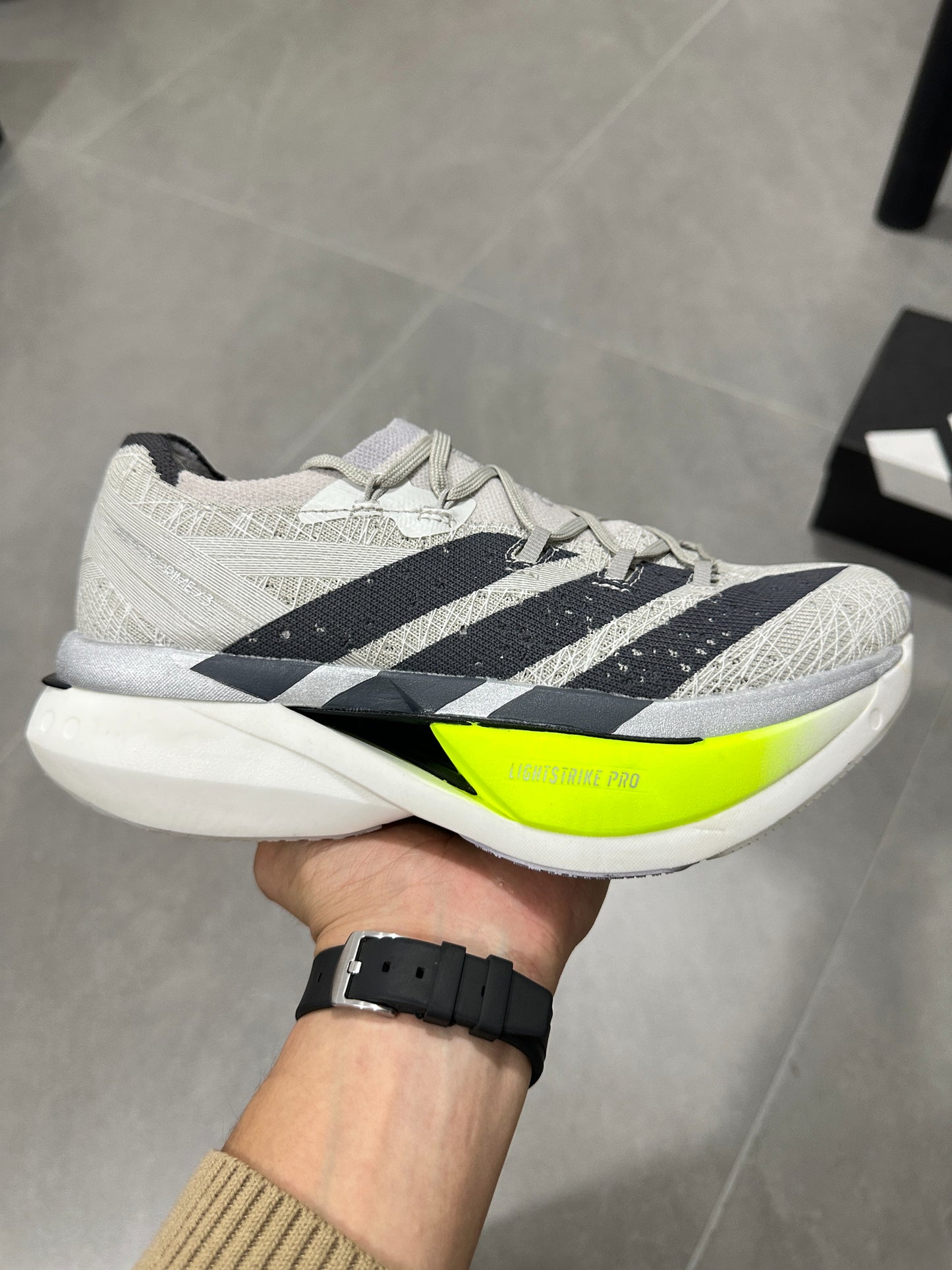 Adidas ADIZERO ADIOS PRO 4 (Grey / Black / Volt colorway)