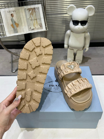 Women Beige Ruched Two Band Platform Slides Triangle Gold Logo Slip On Casual Summer Sandals