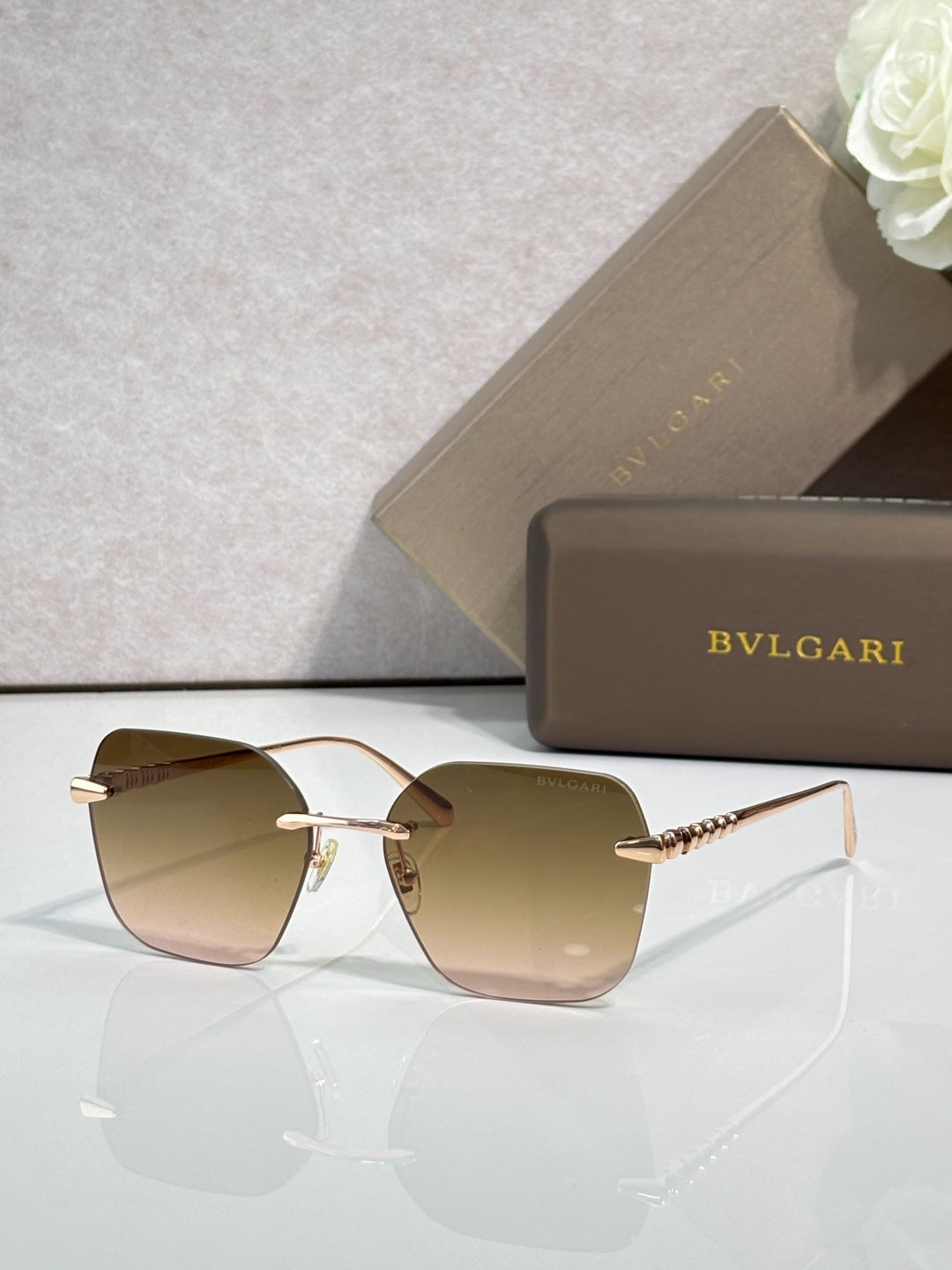 BVLGARI Gold-Tone Rimless Sunglasses with Purple-Yellow Gradient Lenses & Serpenti-Inspired Temples