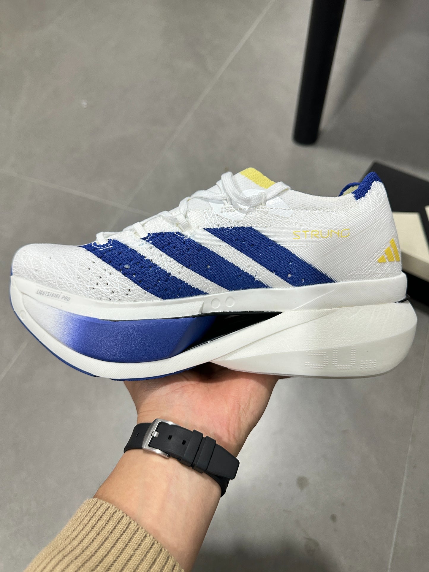 Adidas ADIZERO PRIME X3 STRUNG (Cloud White / Blue / Yellow colorway)