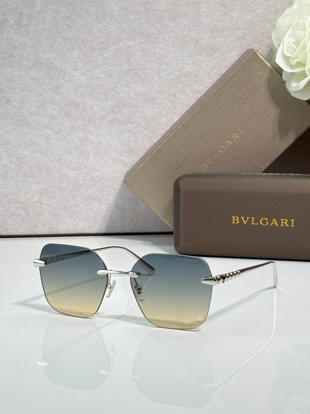 BVLGARI Gold-Tone Rimless Sunglasses with Purple-Yellow Gradient Lenses & Serpenti-Inspired Temples