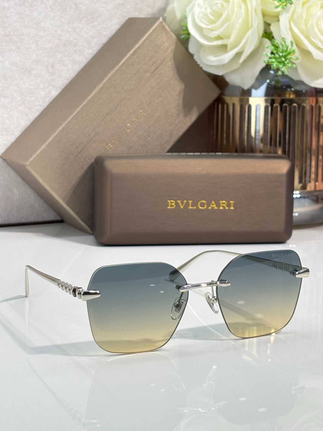 BVLGARI Gold-Tone Rimless Sunglasses with Purple-Yellow Gradient Lenses & Serpenti-Inspired Temples