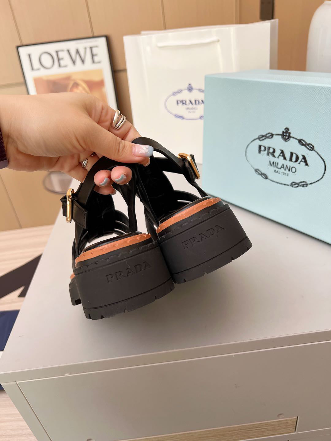 Prada Woven Fisherman Platform Sandals Women Black Brown Contrast Lug Sole Adjustable Buckle Slingback Roman Sandals