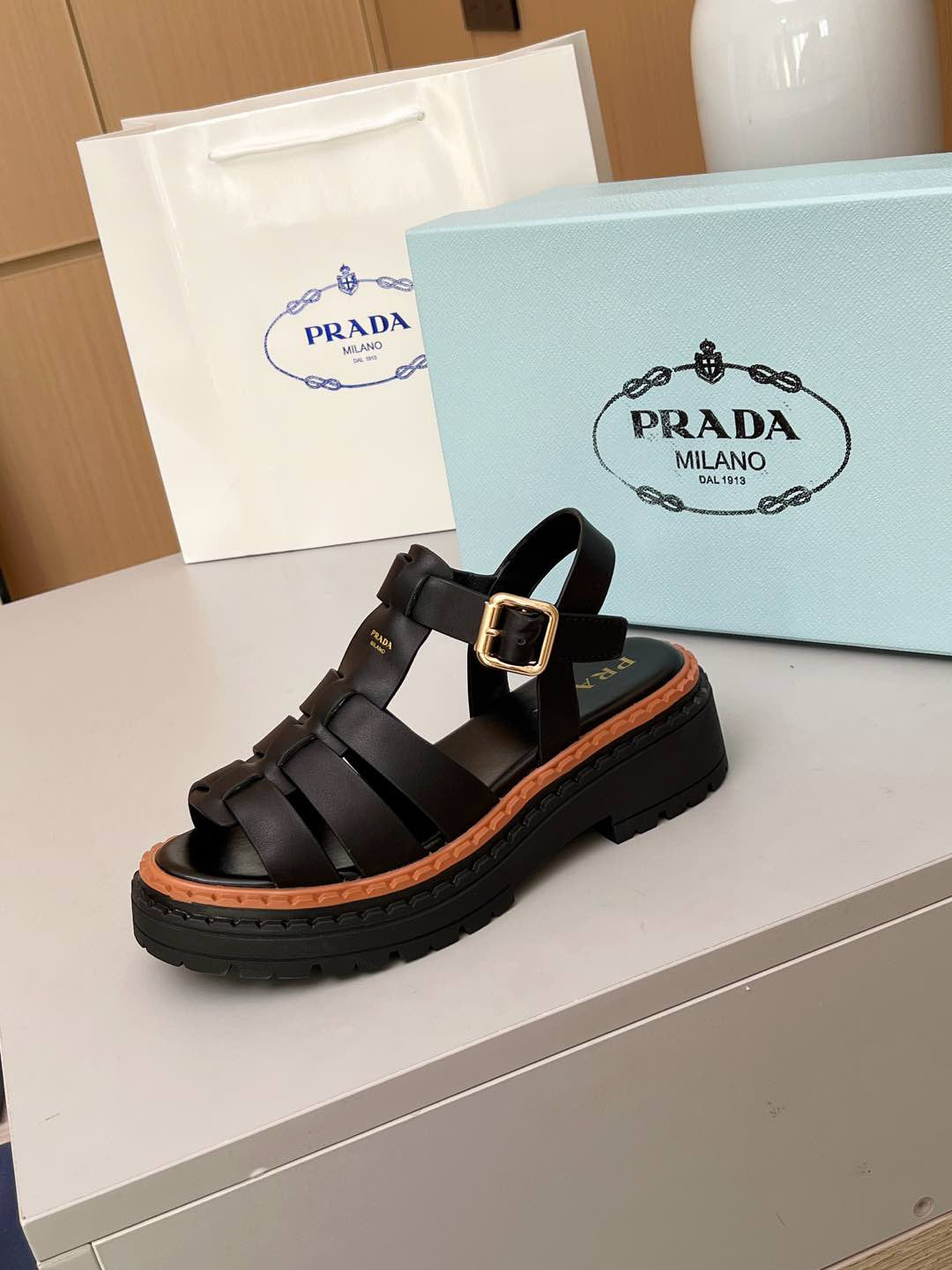 Prada Woven Fisherman Platform Sandals Women Black Brown Contrast Lug Sole Adjustable Buckle Slingback Roman Sandals