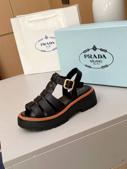 Prada Woven Fisherman Platform Sandals Women Black Brown Contrast Lug Sole Adjustable Buckle Slingback Roman Sandals