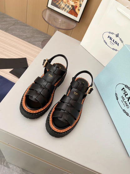 Prada Woven Fisherman Platform Sandals Women Black Brown Contrast Lug Sole Adjustable Buckle Slingback Roman Sandals