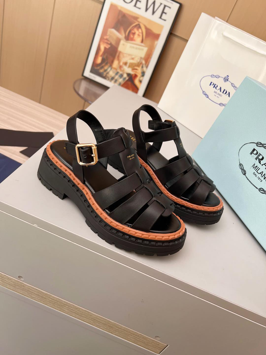 Prada Woven Fisherman Platform Sandals Women Black Brown Contrast Lug Sole Adjustable Buckle Slingback Roman Sandals