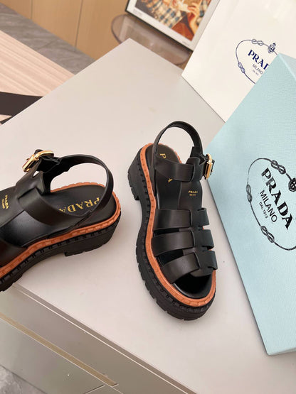 Prada Woven Fisherman Platform Sandals Women Black Brown Contrast Lug Sole Adjustable Buckle Slingback Roman Sandals