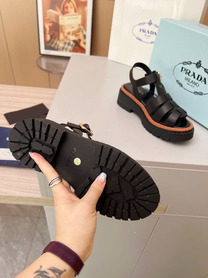 Prada Woven Fisherman Platform Sandals Women Black Brown Contrast Lug Sole Adjustable Buckle Slingback Roman Sandals